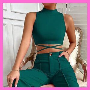 Women Mock Neck Criss Cross Crop Tank Top Straps Dark Green Blue - M